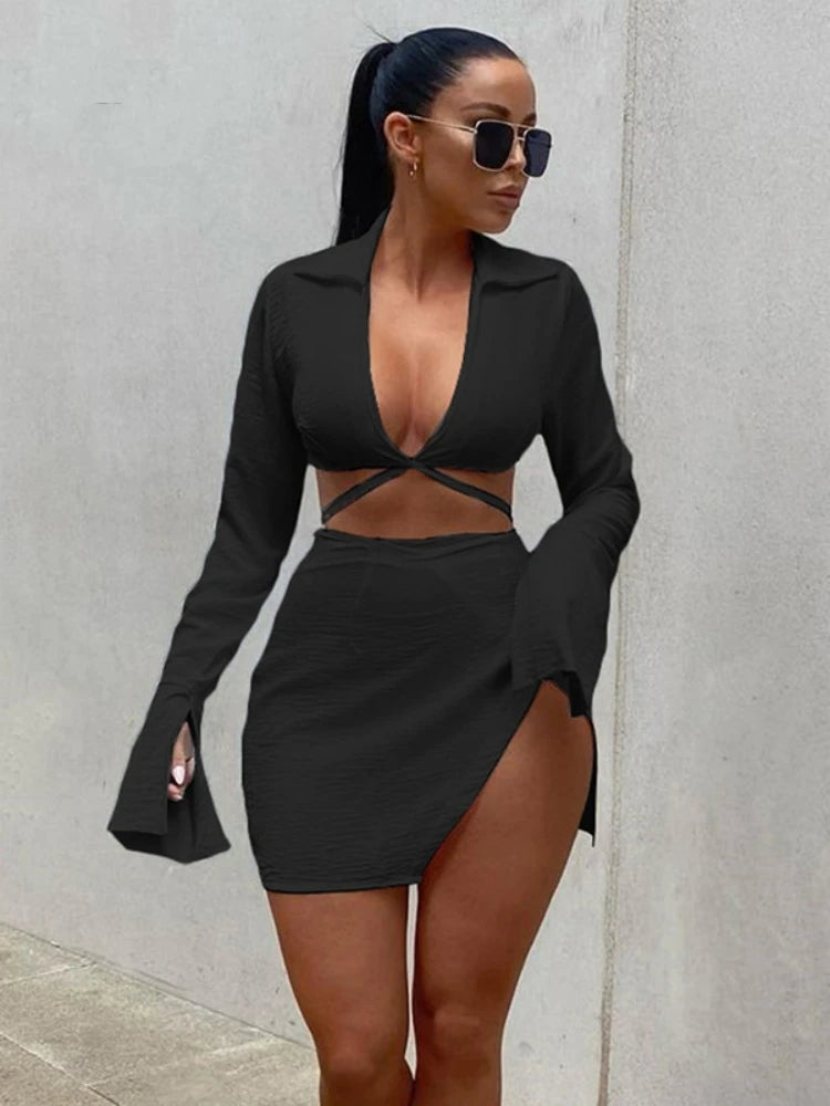 Sisterlinda Autumn Casual Women Two Piece Skirts Sets Long Lantern Sleeve Lace Up Tops+Side Slit Mini Skirts Office Lady Outfits