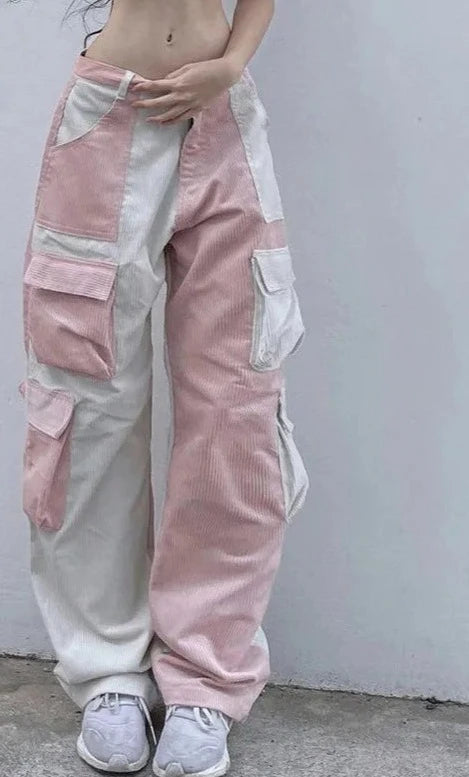 Contrast Color Patchwork Corduroy Cargo Pants Women